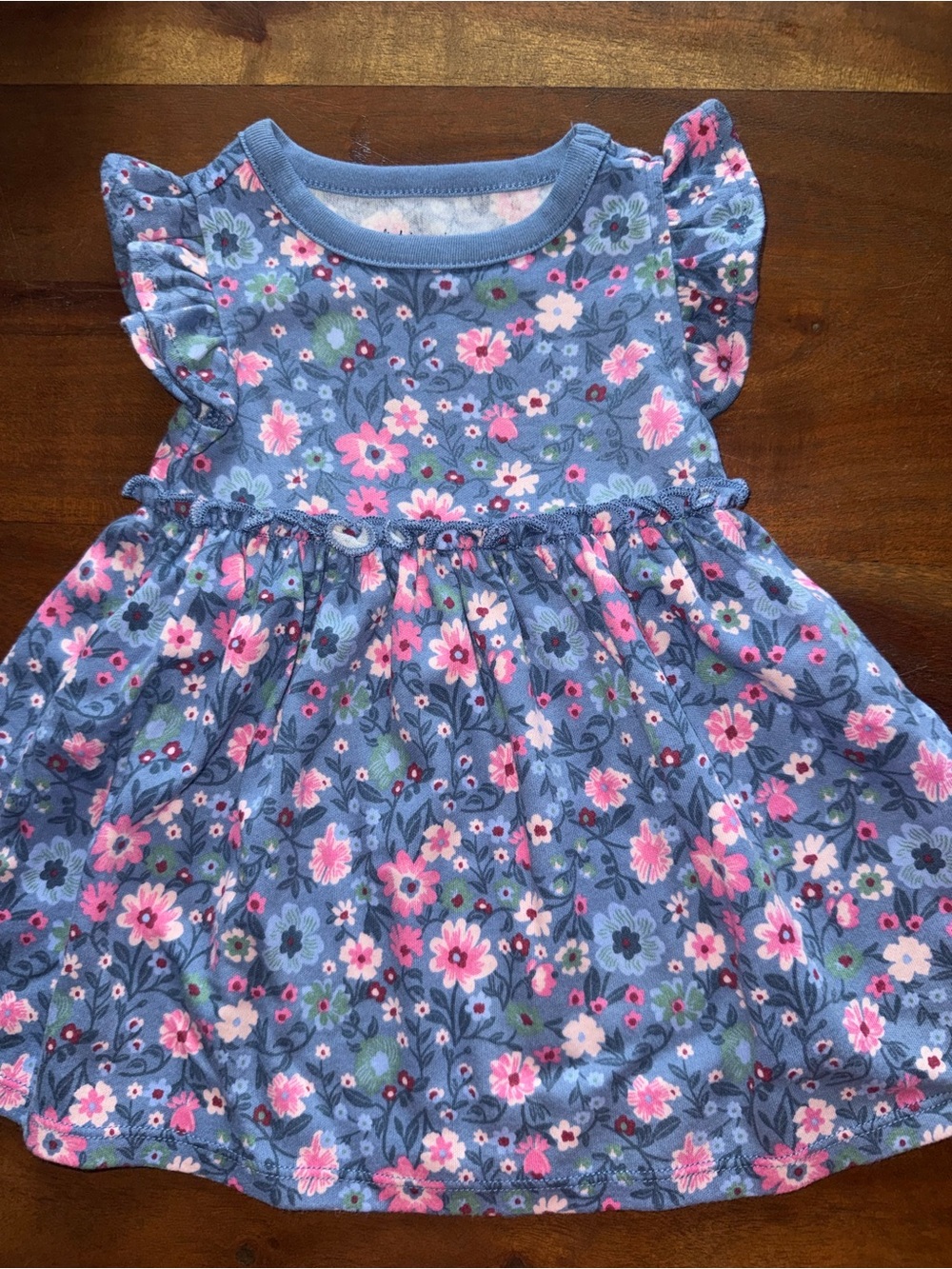 First Impressions Blue Floral Flutter-Sleeve Dress with Pink Accents